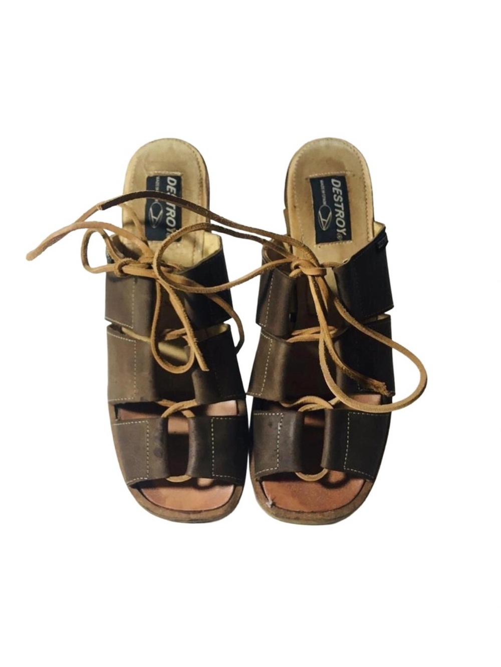 Vintage Destroy Sandals Brown Leather Mule Block Heel Sz 39 40 Made In Spain Y2K